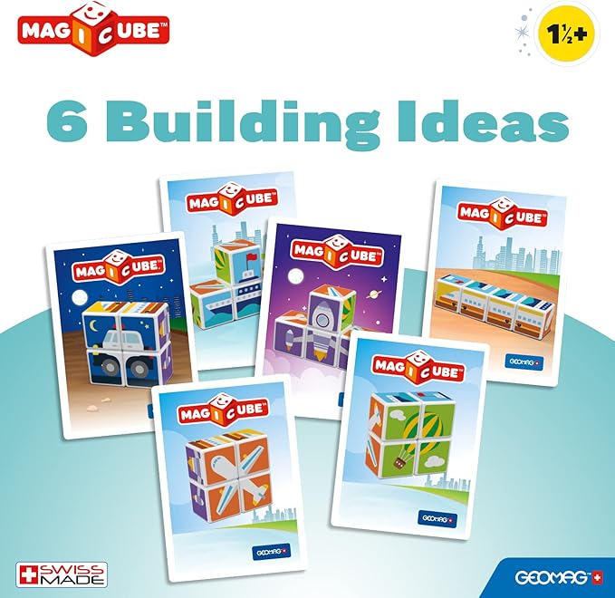 Geomag MagiCube Transport 4-Piece Magnetic Stacking Cubes Building Set, Toddlers & Kids Ages 1.5 and Up, STEM Educational Toy, Swiss-Made, Creativity, Imagination, Learning, 6 Adorable Building Ideas