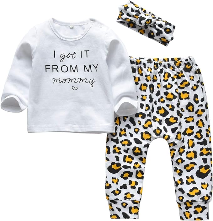 KuKitty 3Pcs Baby Girl Outfits Set Long Sleeve T-Shirt Tops Flowers Pants with Headband