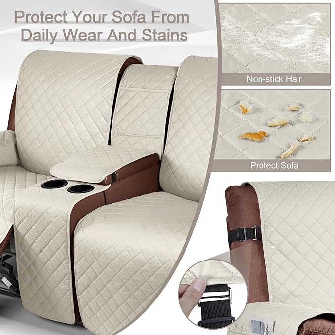KinCam 100% Waterproof Loveseat Recliner Cover with Console, Non-Slip Reclining Couch Covers for 2 Seat, Recliner Couch Cover Furniture Protector with Elastic Straps for Kids, Pets, Ivory
