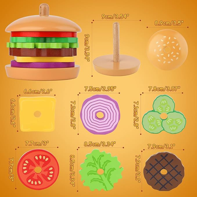 Aizweb Montessori Toys for 3 Year Old - Wooden Burger Stacking Toys for Toddlers and Kids Preschool, Educational Toys, Fine Motor Skill Toy, Blocks for Toddlers, Learning Toys