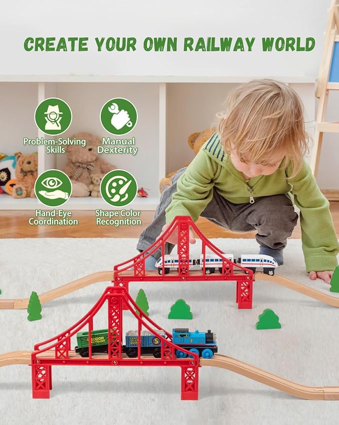 Wooden Train Track Accessories Train Railway Accessories Double Suspension Train Bridge Toy Train Set for Toddlers 3-5 Train Tracks Compatible with All Leading Brands