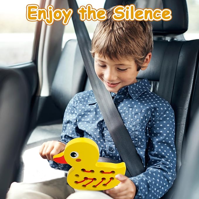 Sealive Wooden Lacing Toys for Toddlers, Educational and Learning Montessori Fine Motor Skill Toys, Perfect Toddler Travel Toys, Early Learning Development for Kids (Duck)