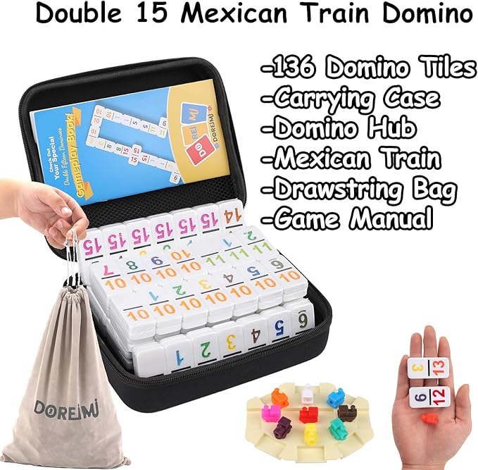 Mexican Train Dominoes Set Double 15,Double Fifteen Dominoes with 136 Colored Tiles,Number Dominos for Adults Family Board Games with Lightweight EVA Case Portable for Travel Camping