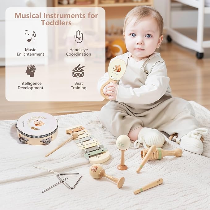 Baby Musical Instruments Set | Montessori Musical Toys for Toddlers 1-3 | Wooden Neutral Colors Percussion Instruments Set with Modern Boho Xylophone | Kids Preschool Educational Birthday Gifts