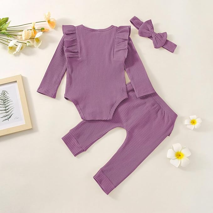 Baby Girl Clothes Newborn Infant Fall Winter Outifts Ribbed Ruffle Long Sleeve Romper Pant Outfit Set 3pcs 0-18Months