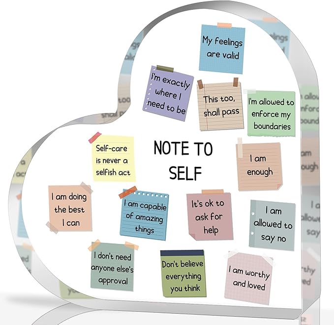 Note to Self Motivational Decor - Office Acrylic Heart Gift Therapy Mental Health Print Decorations for School Counseling Office Therapy Desktop Art Decoration - School Counselor, Therapist Office Gifts
