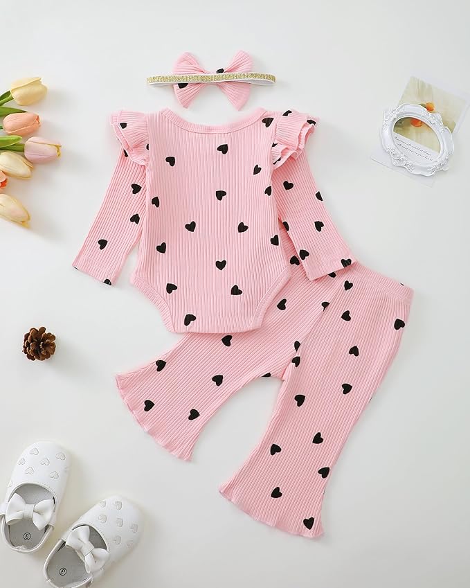 SUNNY PIGGY Newborn Baby Girl Clothes Infant Girls Outfits Ruffle Long Sleeve Romper Pants Set with Headband