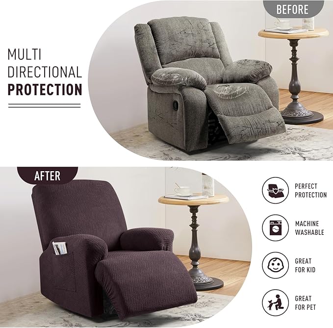 KinCam Recliner Covers, Stretch Reclining Chair Covers, Recliner Sofa Slipcovers Stripe Jacquard Recliner Couch Covers Furniture Protector Covers for Pet Kid (1 XL Seater, Chocolate)