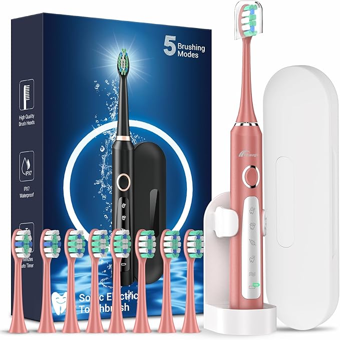 Rtauys M5 Sonic Electric Toothbrush for Adults and Kids - Rechargeable Electric Toothbrush Kids Ages 12+ and Adults with 8 Brush Heads & Travel Case, 120 Days Battery Life - Rosered