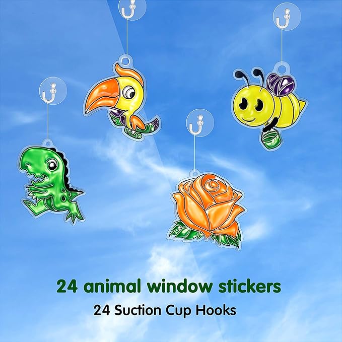 WILLBOND 24 Pieces Christmas Suncatchers Craft Assorted Sun Catcher Kits for Art Window Sun Catchers with 24 Pieces Suction Cups for Painting Crafts Christmas Home Decor Supplies