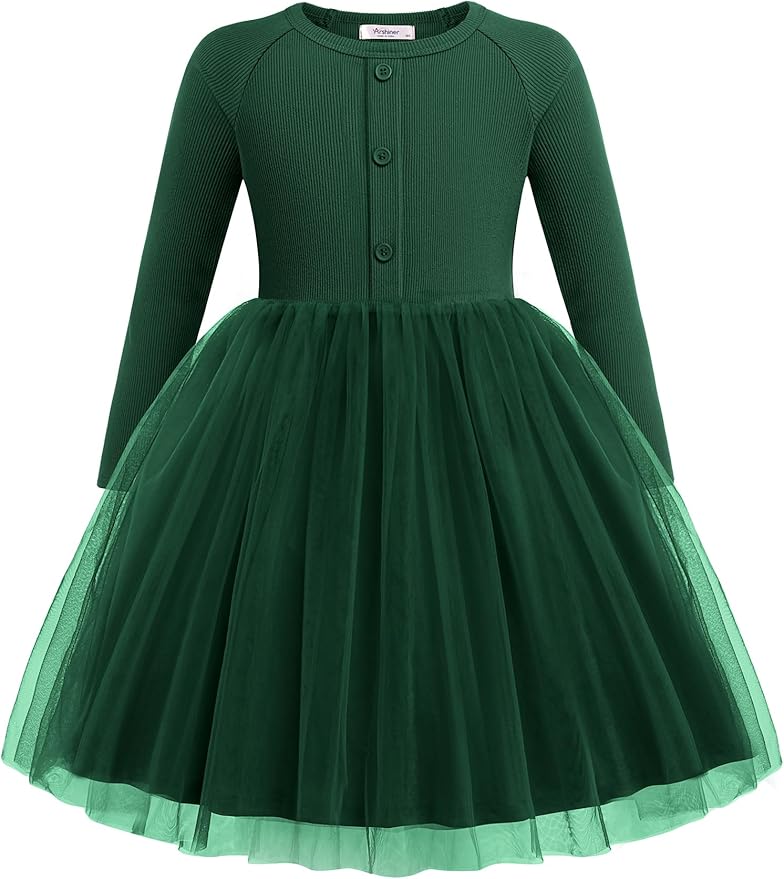 Arshiner Toddler Girls Tutu Dress Long Sleeve Fall Winter Button Front Party Tulle Dresses 2-8Y