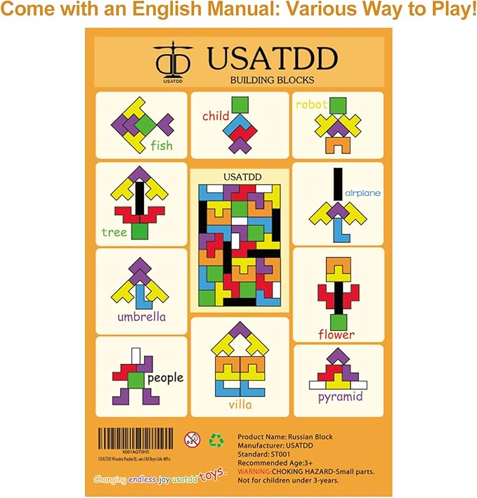 USATDD Wooden Puzzles Blocks Brain Teasers Toy Russian Tangram Colorful Jigsaw Game Montessori Intelligence STEM Preschool Educational Gift for Baby Toddlers Kids 3 4 5 6 7 Years Old Boys Girls 40Pcs