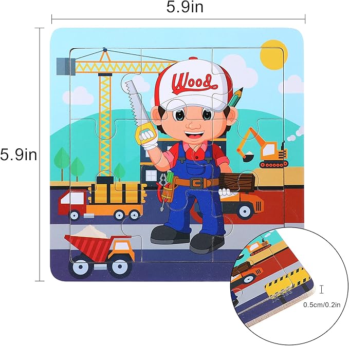 SANNIX 12 Pack Wooden Jigsaw Puzzles for Toddlers, Characters Puzzles for Kids Party Favors, Educational Puzzles Learning Travel Toy with 12 Organize Bags