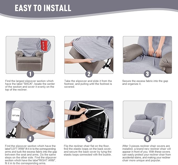 KinCam Recliner Covers, Stretch Reclining Chair Covers, Recliner Sofa Slipcovers Stripe Jacquard Recliner Couch Covers Furniture Protector Covers for Pet Kid (1 Seater, Misty Gray)