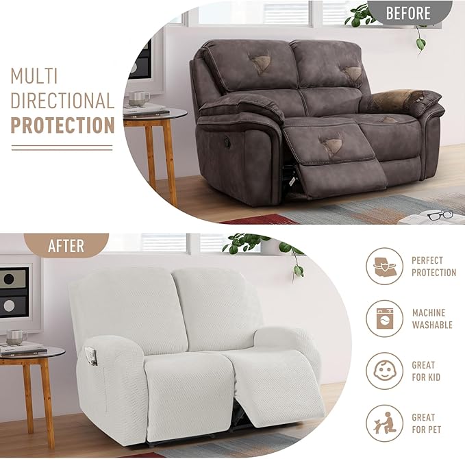 KinCam Recliner Covers, Stretch Reclining Chair Covers, Recliner Sofa Slipcovers Stripe Jacquard Recliner Couch Covers Furniture Protector Covers for Pet Kid (2 Seater, Cream)