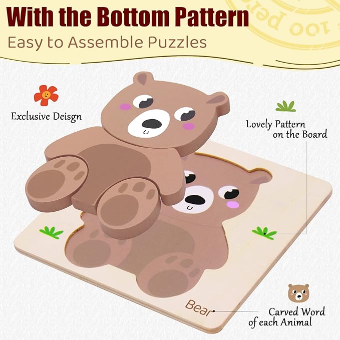 Wooden Puzzles for Toddlers 1 2 3 Year Old Animals Shape Puzzle Toys for Travel Airplane Gift for Kids Montessori Early Development Gifts for Baby Boys Girls with Drawstring Bag Pack of 4