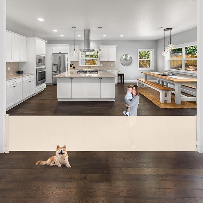 168 Inch Extra Large Baby Gates Extra Wide Retractable Baby Gates Indoor Child Gate for Wide Openings Extra Large Toddler Gate Mesh Kid Gate for Large Opening Outdoor Safety Baby Gates for Dog (Beige)