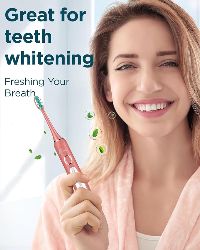 Rtauys M5 Sonic Electric Toothbrush for Adults and Kids - Rechargeable Electric Toothbrush Kids Ages 12+ and Adults with 8 Brush Heads & Travel Case, 120 Days Battery Life - Rosered