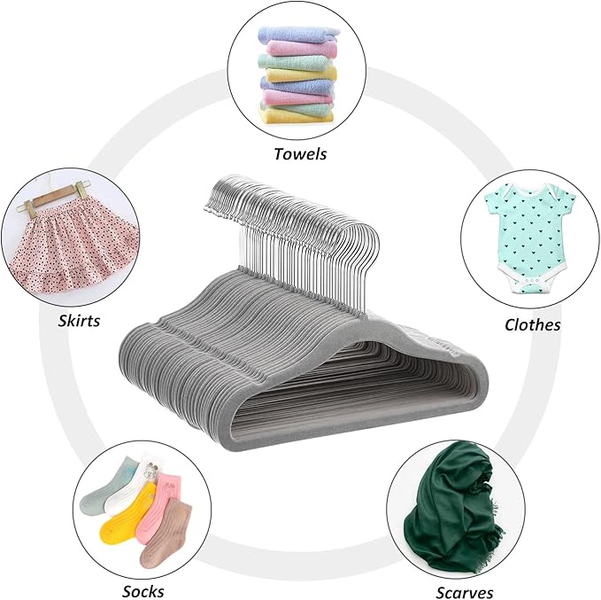 Kids Velvet Hangers 30 Pack, 11 Inch Size Non-Slip Baby Hangers, Space-Saving Nursery Hangers, Perfect Infant/Toddler Clothes Hangers for Daily Use(Grey)