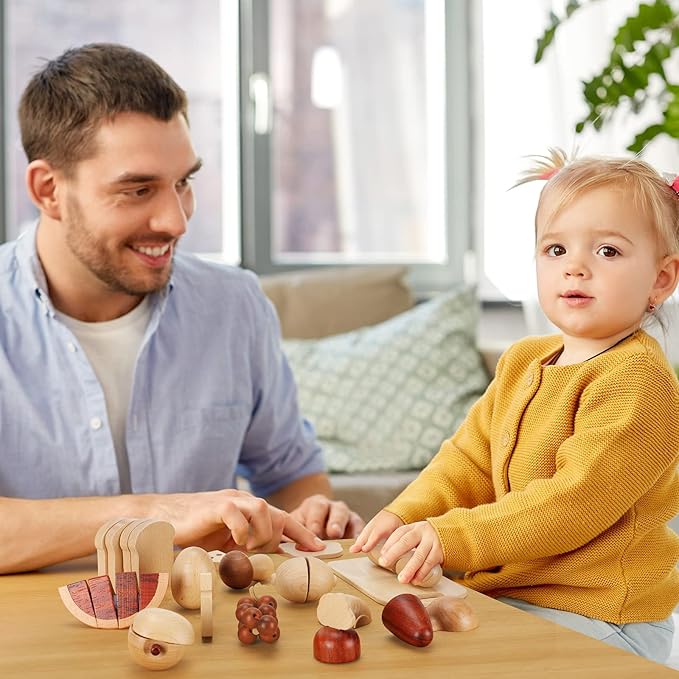 WHOHOLL Wooden Play Food, Toddler Cutting Play Food Sets for Kids Kitchen, Velcro Fake Food Fruit Toys for Pretend Play Kitchen, Montessori Toy Kitchen Accessories for Girls Boys Gifts