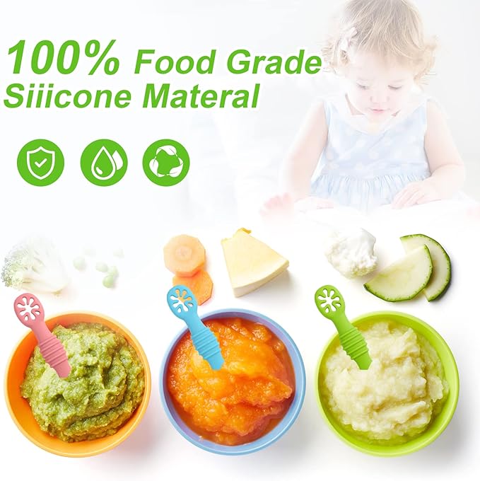 6pcs Silicone Baby Spoons, First Stage Toddler Utensils Baby Led Weaning Spoons BPA Free Baby Chew Spoon Training Spoon Set Toddler Self Feeding Utensils for Baby 6+ Months (6 Colors) Z20010