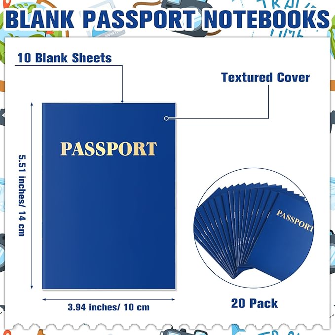 Passport Stampers Set 20 Pack Blank Travel Fake Passport Notebook and 10 Pcs Wooden Passport Stamps for Kid Pretend Passport Party Favors Collections Art Craft and Classroom School Projects