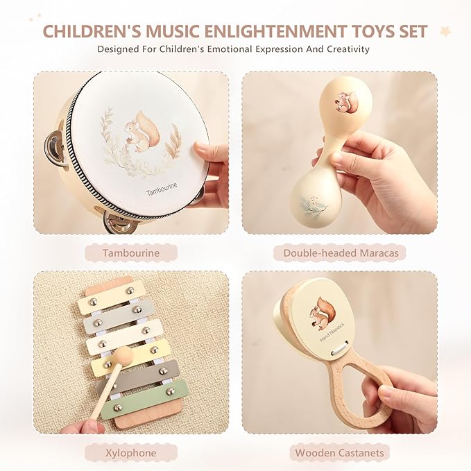 Baby Musical Instruments Set Wooden Montessori Musical Toys for Toddlers Neutral Colors Percussion Instruments Set with Modern Boho Xylophone Tambourine Educational Musical Toys for Preschool Kids