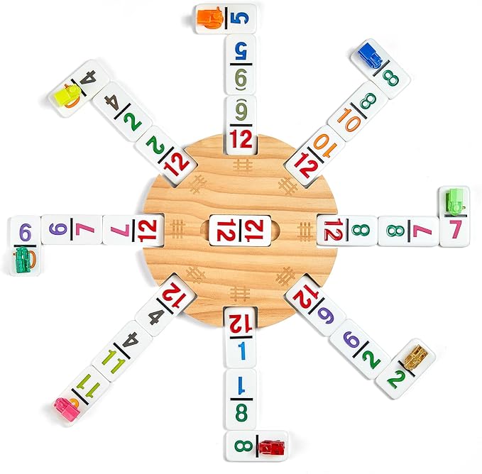 Mexican Train Dominoes Set with 4 Wooden Trays/Racks and Portable Carrying Case,Travel Colorful Double 12 Dominoes - 91 Numbered Tiles,for Kids and Adults
