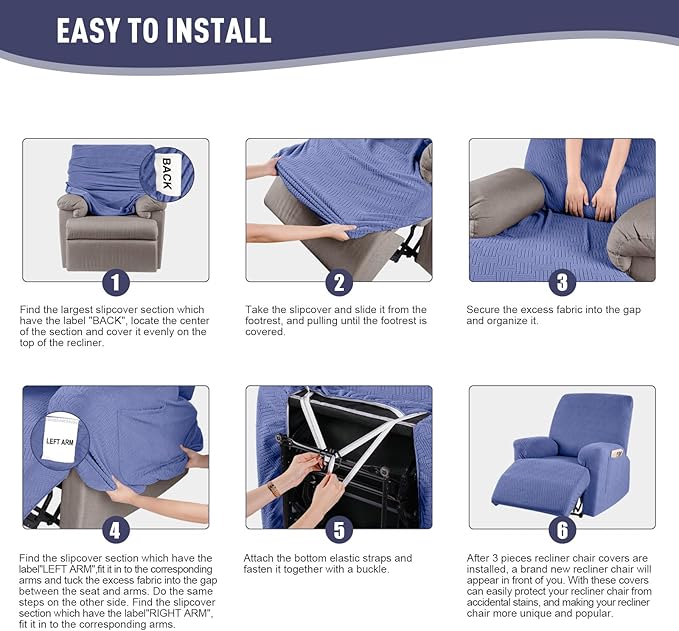 KinCam Recliner Covers, Stretch Reclining Chair Covers, Recliner Sofa Slipcovers Stripe Jacquard Recliner Couch Covers Furniture Protector Covers for Pet Kid (1 Seater, Lake Blue)