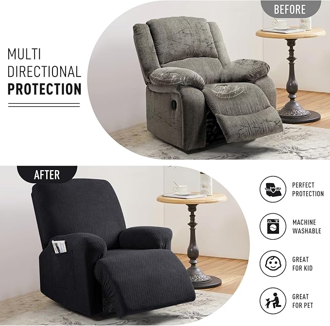 KinCam Recliner Covers, Stretch Reclining Chair Covers, Recliner Sofa Slipcovers Stripe Jacquard Recliner Couch Covers Furniture Protector Covers for Pet Kid (1 Seater, Black)