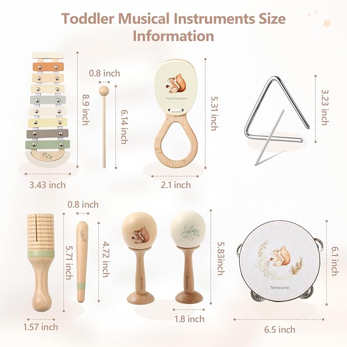 Baby Musical Instruments Set | Montessori Musical Toys for Toddlers 1-3 | Wooden Neutral Colors Percussion Instruments Set with Modern Boho Xylophone | Kids Preschool Educational Birthday Gifts