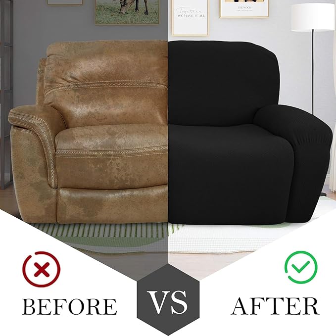 JIVINER 6-Piece Loveseat Recliner Slipcover Stretch Jacquard Recliner Sofa Cover 2 Seater Washable Reclining Couch Cover with Pocket Fitted Furniture Protector Cover (Loveseat Recliner, Black)