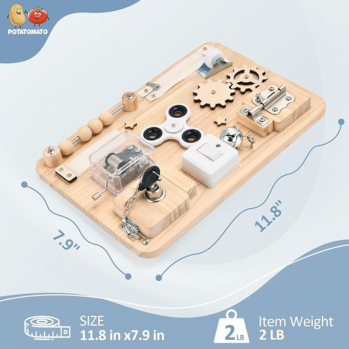 Montessori Wooden Busy Board - Sensory Toys for Toddlers Fine Motor Skills - Activity Board Toys for Kids - Educational Fidget Travel Toys for Baby Boy & Girl - Birthday Gifts for Autism & ADHD