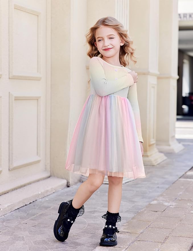 Arshiner Toddler Girls Tutu Dress Long Sleeve Fall Winter Button Front Party Tulle Dresses 2-8Y