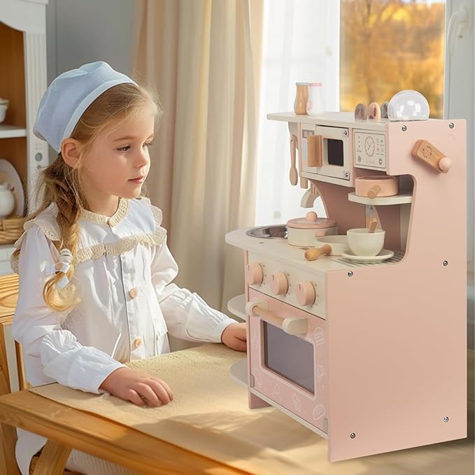 Wooden Kitchen Playset for Kids Ages 3-8, Pretend Play Kitchen for Toddlers with Realistic Design, Cooking Accessories, Coffee Maker, Oven, Microwave, Sink - Small