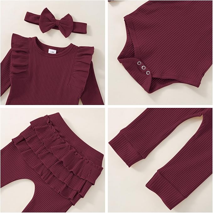 Baby Girl Clothes Newborn Infant Fall Winter Outifts Ribbed Ruffle Long Sleeve Romper Pant Outfit Set 3pcs 0-18Months