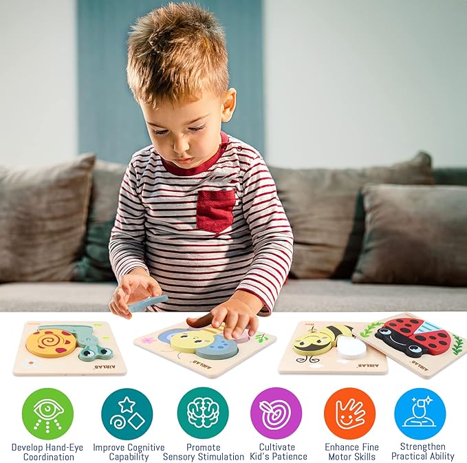 Wooden Toddlers Puzzles Animals Shape Puzzle Educational Toys Gift for Boys Girls Baby Travel Daycare Portable Toy with Drawstring Bag Pack of 4