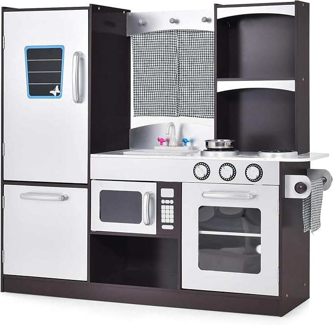 HOMGX Multi-Function Children's Kitchen Toy Set, Wooden Chef Pretend Toy Set w/Microwave, Stove, Sink, Faucet, Storage Cabinet & Shelf,Children's Play Kitchen for Boys & Girls Over 3 Years Old