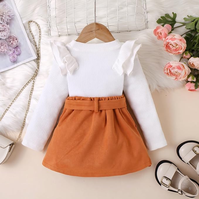 Fernvia Toddler Baby Girl Fall Winter Skirt Set Turtleneck Ribbed Long Sleeve T-Shirt Top & Plaid Skirts Dress 2Pcs Outfits