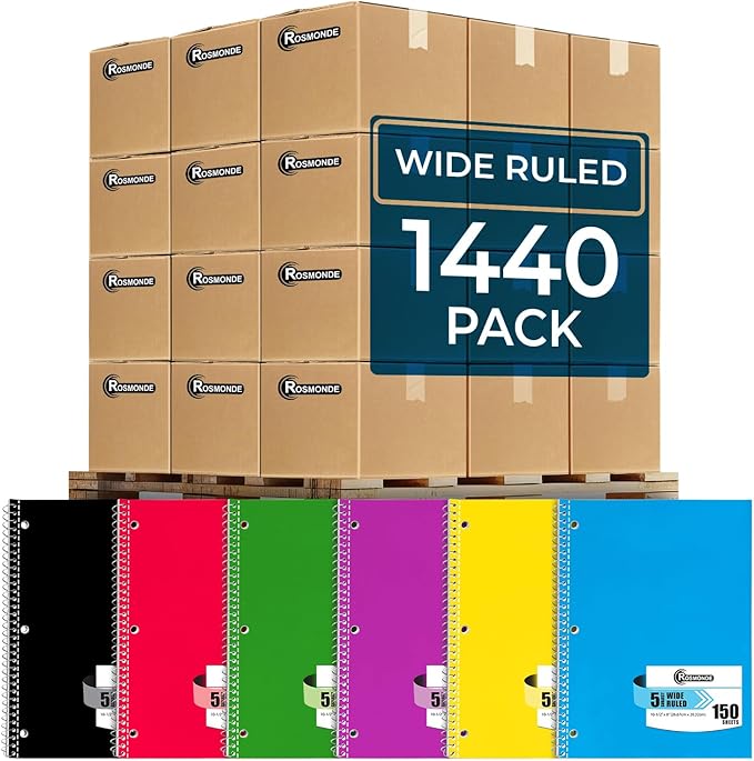 1440 Packs (Pallet) 5 Subject Notebooks, Spiral Notebook Bulk, Wide Ruled, Pallet of Notebooks, 150 Sheets (300 pages), 8 x 10-1/2",Bulk Spiral Notebooks for School & Office, 4-7 Days Transit