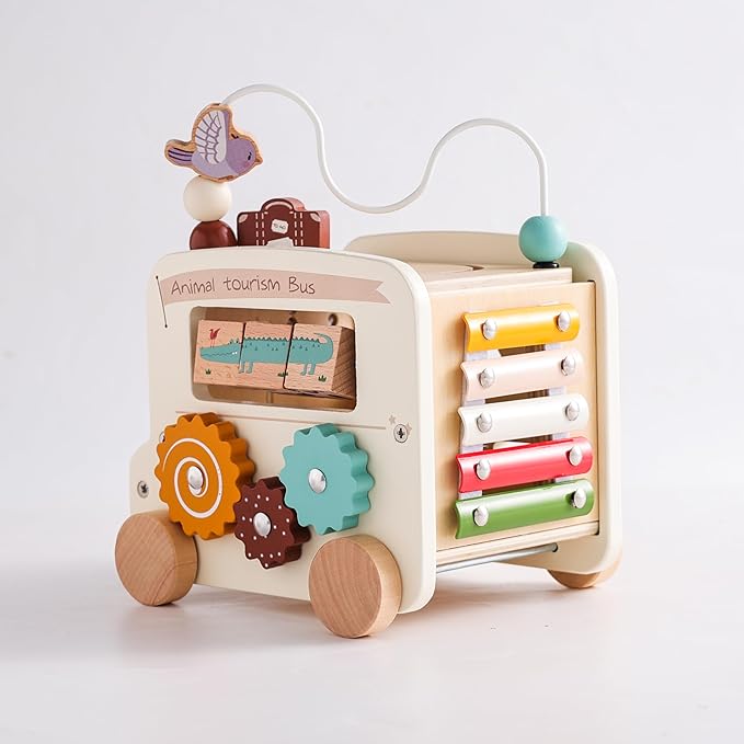 Wooden Activity Cube 8-in-1 Montessori Toys | Multifunctional Early Educational Learning Toys | Activity Cube for Baby Shape Sorter Xylophone Animal Travel Bus Toys Boy Girl Birthday Gift(Beige Bus)