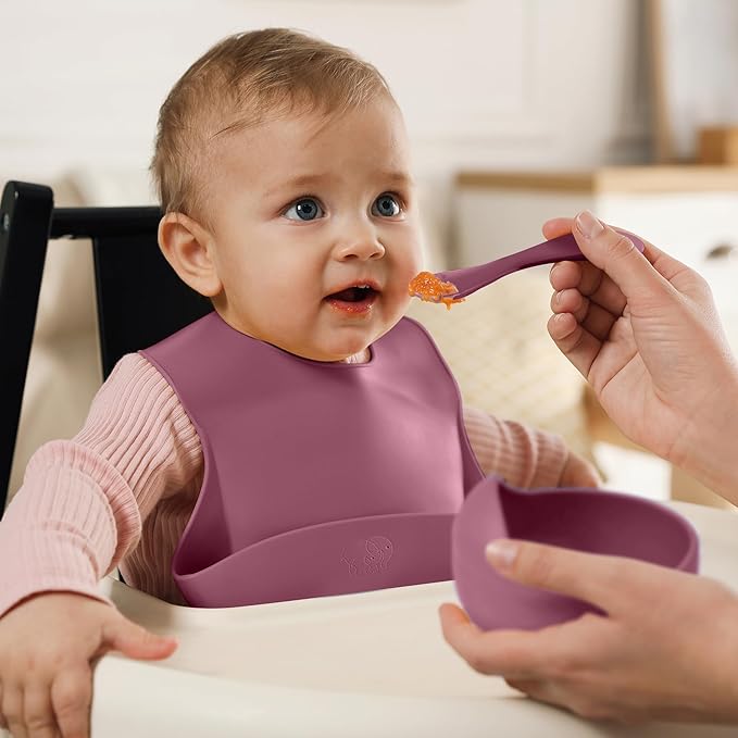 Complete Silicone Baby Feeding Set - 6+ Months Food Grade Baby Feeding Essentials | Silicone Bibs, Baby Bowls and Plates, 3 in 1 Baby Sippy Cup, Spoons and Fork Set | Free of BPA/PVC/Lead/Phthalate