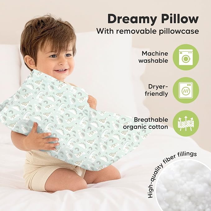 Toddler Pillow with Pillowcase - 13x18 My Little Dreamy Pillow, Organic Cotton Toddler Pillows for Sleeping, Kids Pillow, Travel Pillows, Mini Pillow, Nursery Pillow, Toddler Bed Pillow (DinoBloom)