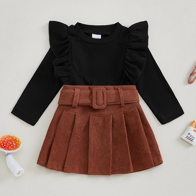 Fernvia Toddler Baby Girl Fall Winter Skirt Set Turtleneck Ribbed Long Sleeve T-Shirt Top & Plaid Skirts Dress 2Pcs Outfits