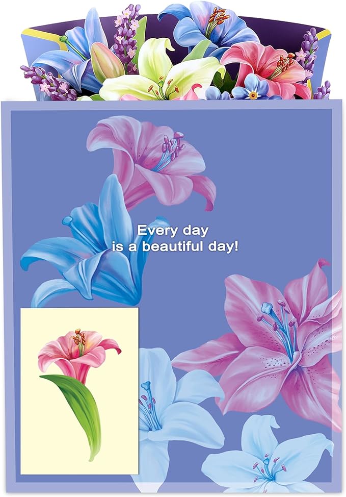 Airpark Pop Up Bouquet Card, Lillies & Lupines, 12 inch Paper Flowers 3D Popup Cards with Note Card and Envelope for Birthday and Gifts, Get Well for Women Kids, Easter Decor