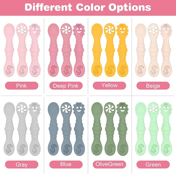 Silicone Baby Spoons Self Feeding 6+ Months 3PCS Toddler Forks and Spoons Utensils Baby Led Weaning Teething Spoon Infant Spoons First Stage Newborn Baby Essentials Baby Gifts Pink