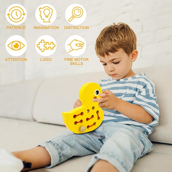 Sealive Wooden Lacing Toys for Toddlers, Educational and Learning Montessori Fine Motor Skill Toys, Perfect Toddler Travel Toys, Early Learning Development for Kids (Duck)