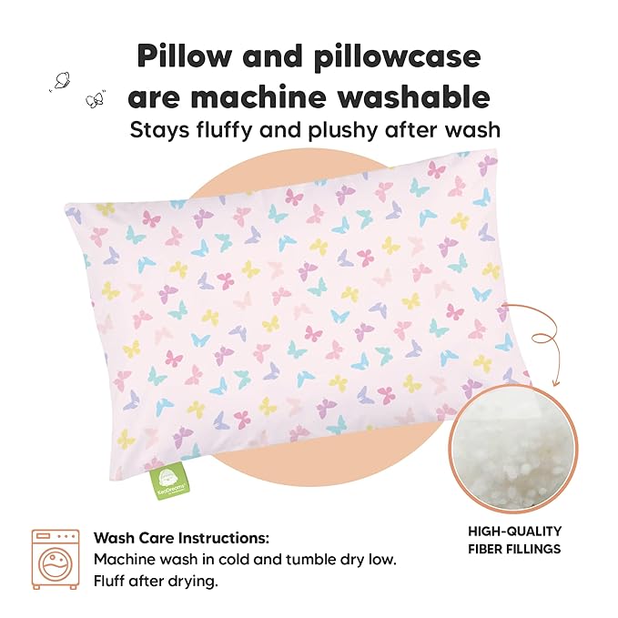 Toddler Pillow with Pillowcase - 13x18 My Little Dreamy Pillow, Organic Cotton Toddler Pillows for Sleeping, Kids Pillow, Travel Pillows, Mini Pillow, Nursery Pillow, Toddler Bed Pillow (Flutter)