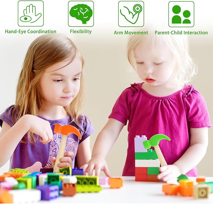 2 Pack Wooden Hammer Toys Simulation Hammers Maintenance Tools Educational Toys for Kids Birthday Party Games Supplies (Orange + Green)