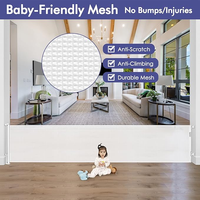 145 Inch Retractable Baby Gates Extra Wide Dog Gate for Extra Wide Openings Retractable Dog Gate Indoor Outdoor Retractable Gate Mesh Baby Gate Extra Long Baby Gate for Stairs, Doorways, White